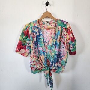 Womens ILGWU Floral Short Sleeve Cardigan Small Tie Front Sheer Shoulder Pads
